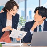 職場で同僚にレポートの確認を頼むイラスト