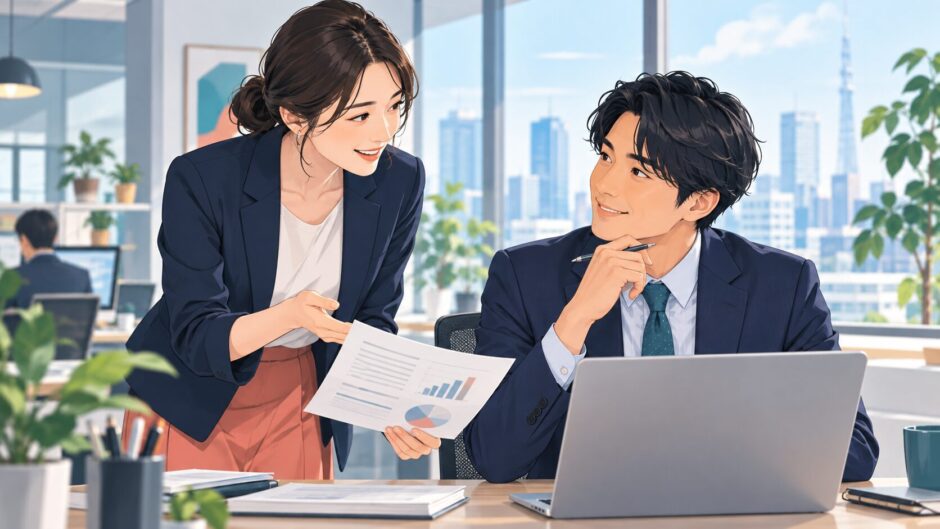 職場で同僚にレポートの確認を頼むイラスト