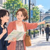 街で駅までの道を尋ねる旅行者のイラスト