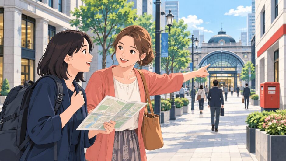 街で駅までの道を尋ねる旅行者のイラスト