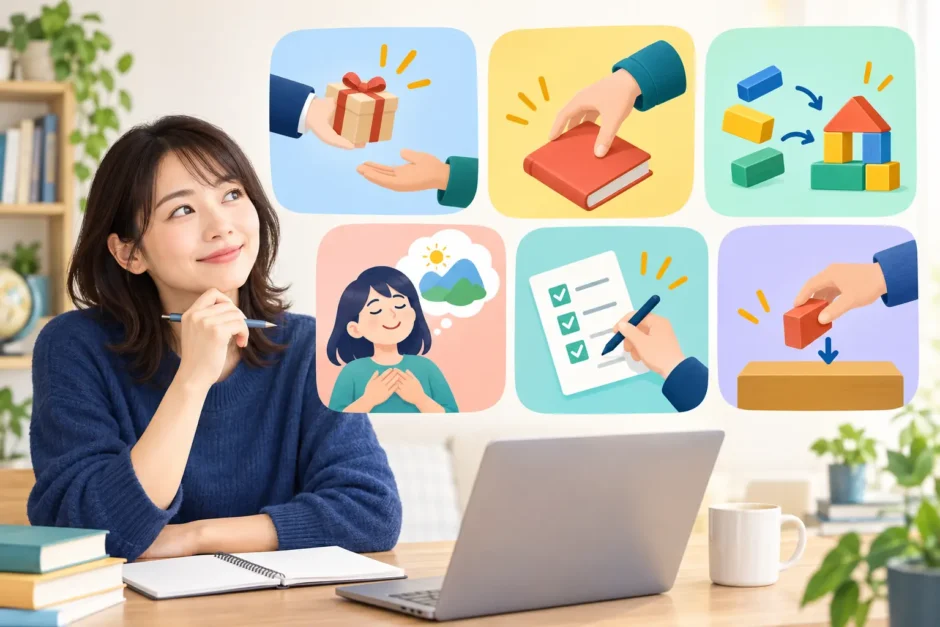 get・take・makeなど基本動詞の動きをイラストで考える英語学習者