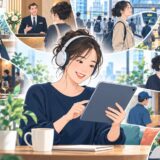 ヘッドホンで日常英会話10場面のリスニングを練習する女性のイラスト