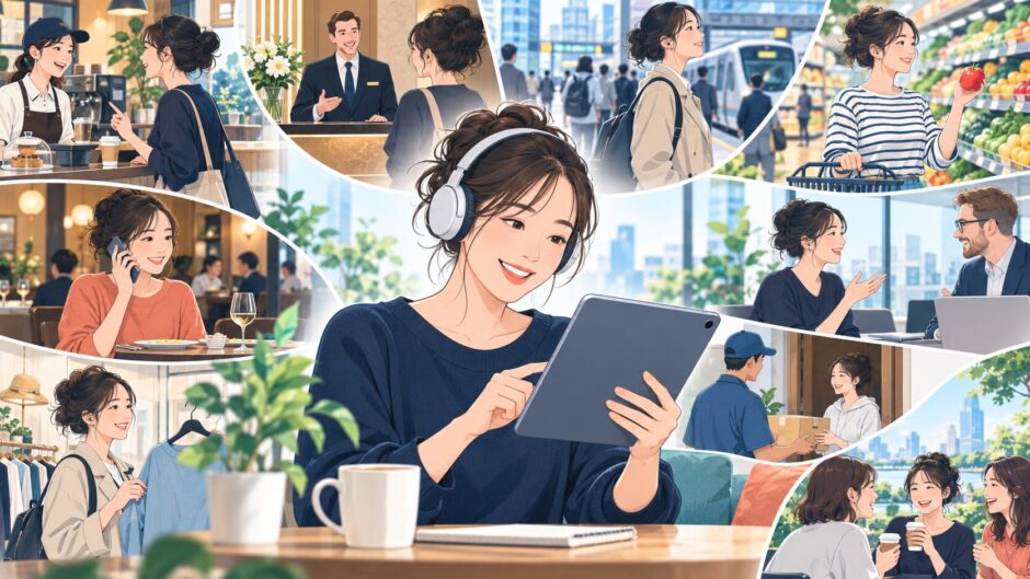 ヘッドホンで日常英会話10場面のリスニングを練習する女性のイラスト