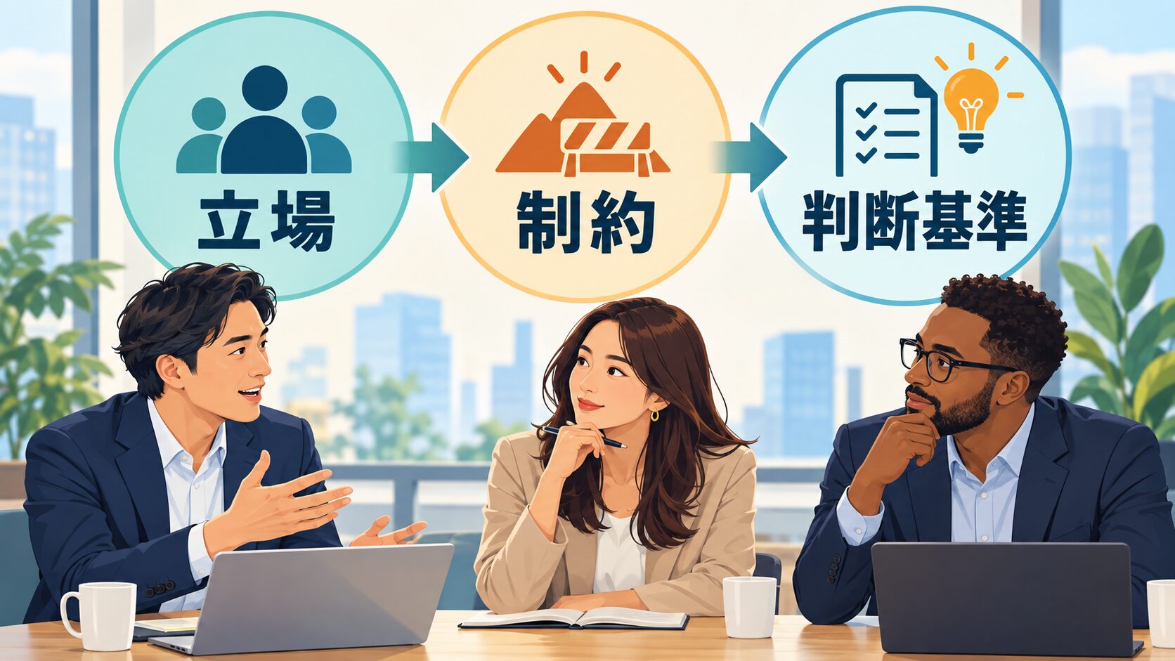上級リスニングで発言を立場・制約・判断基準に分ける図