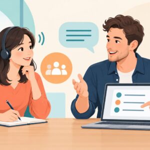 ビジネス英会話リスニング初級コースで男女が会議・報告・顧客対応を学ぶイラスト