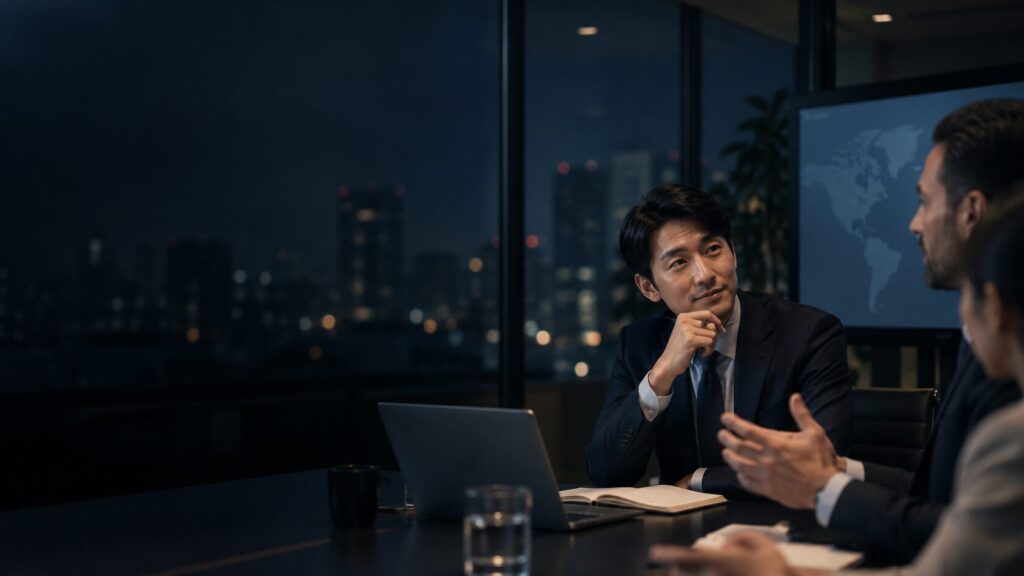 夜の国際会議で英語を聞く日本人ビジネスパーソン