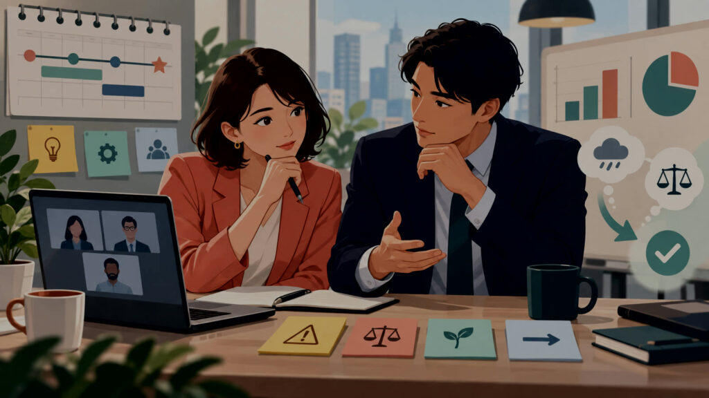 ビジネス英会話リスニング中級コースで男女が条件・懸念・調整を整理して判断するイラスト