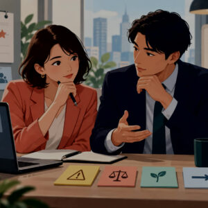 ビジネス英会話リスニング中級コースで男女が条件・懸念・調整を整理して判断するイラスト