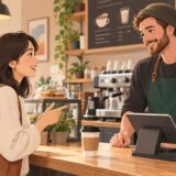 カフェで英語を使ってラテを注文する女性とバリスタ