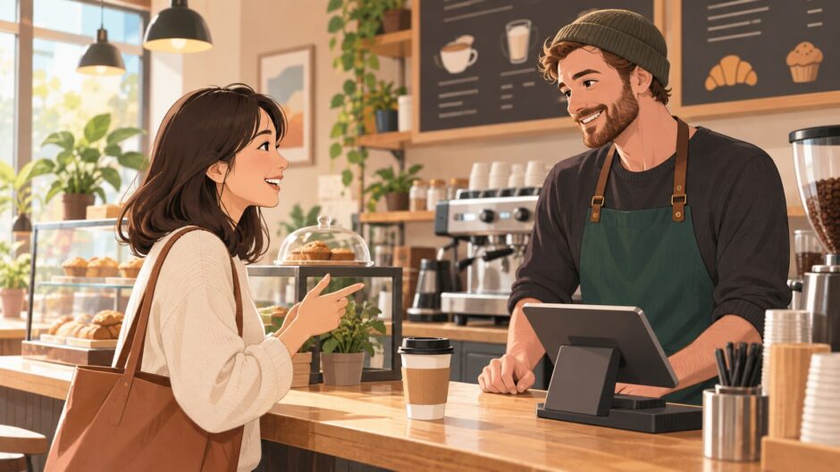 カフェで英語を使ってラテを注文する女性とバリスタ