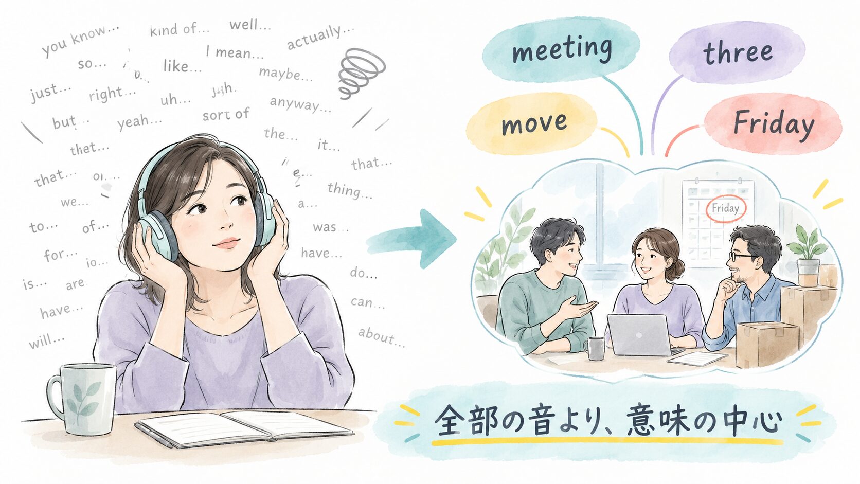 英語の細かな音をすべて追うのではなく、meeting・three・move・Fridayから会話の中心を理解する女性