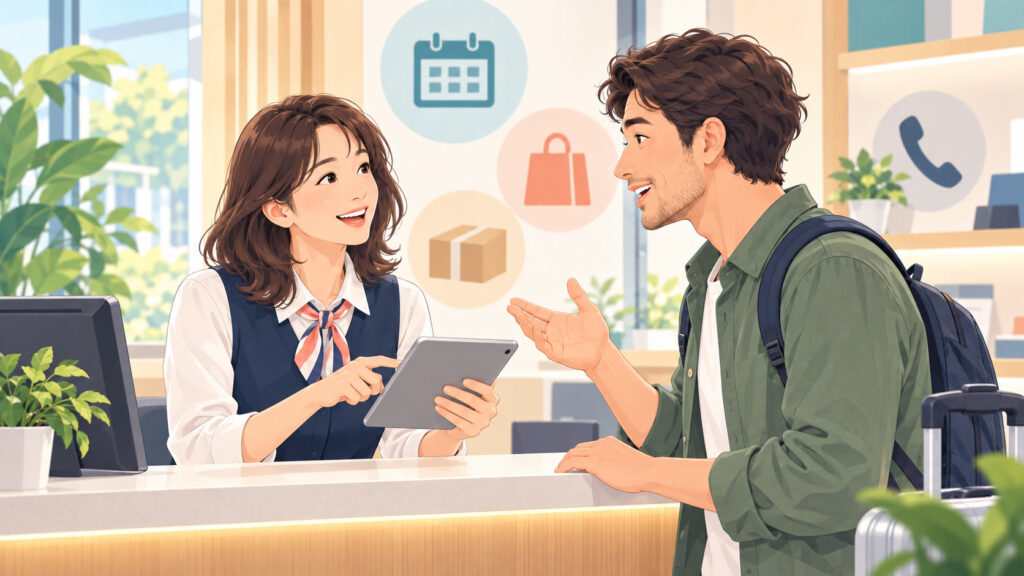 接客・サービス英語リスニング実践コースでスタッフがお客様の要望を聞き取り、タブレットで次の対応を確認するイラスト