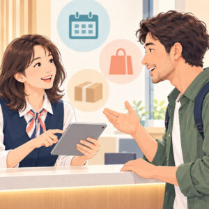 接客・サービス英語リスニング実践コースでスタッフがお客様の要望を聞き取り、タブレットで次の対応を確認するイラスト