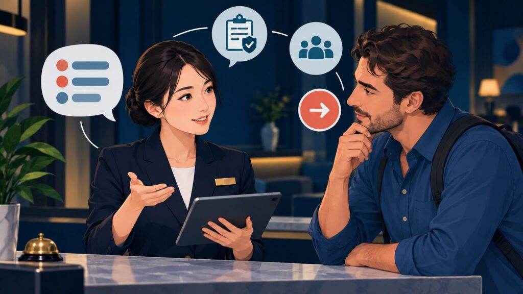 暗い接客カウンターで複雑な要望を整理する上級接客英語コース