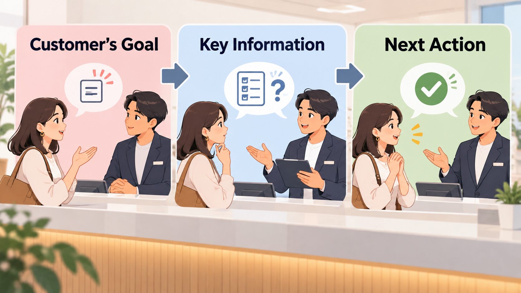 接客英語をCustomer’s Goal、Key Information、Next Actionの3段階で聞き取る図