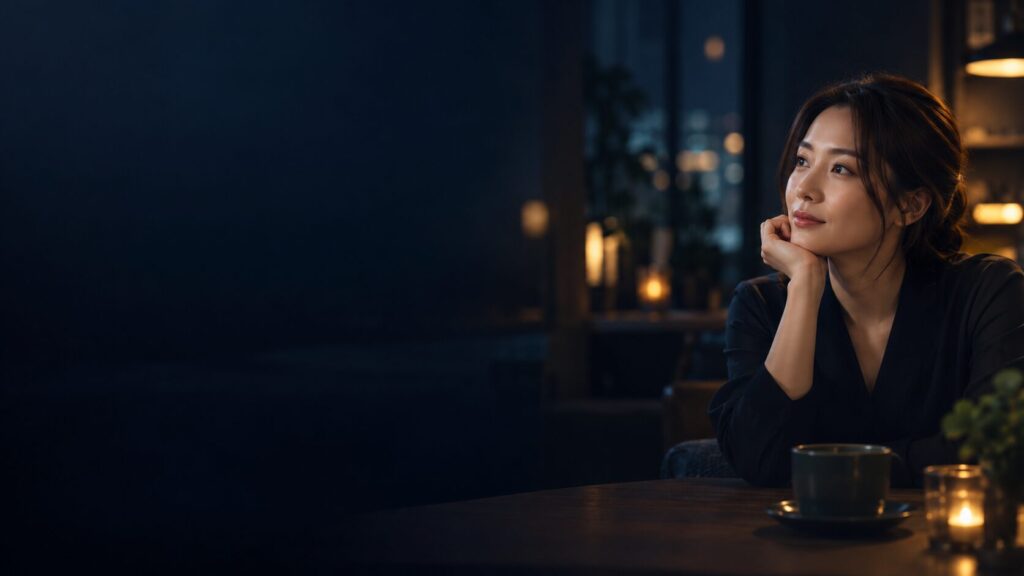 暗いカフェで会話を聞く日本人女性