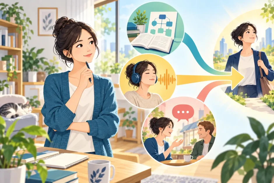 構造理解・音声反復・実践接続の三つの学習ルートを選ぶ英語学習者