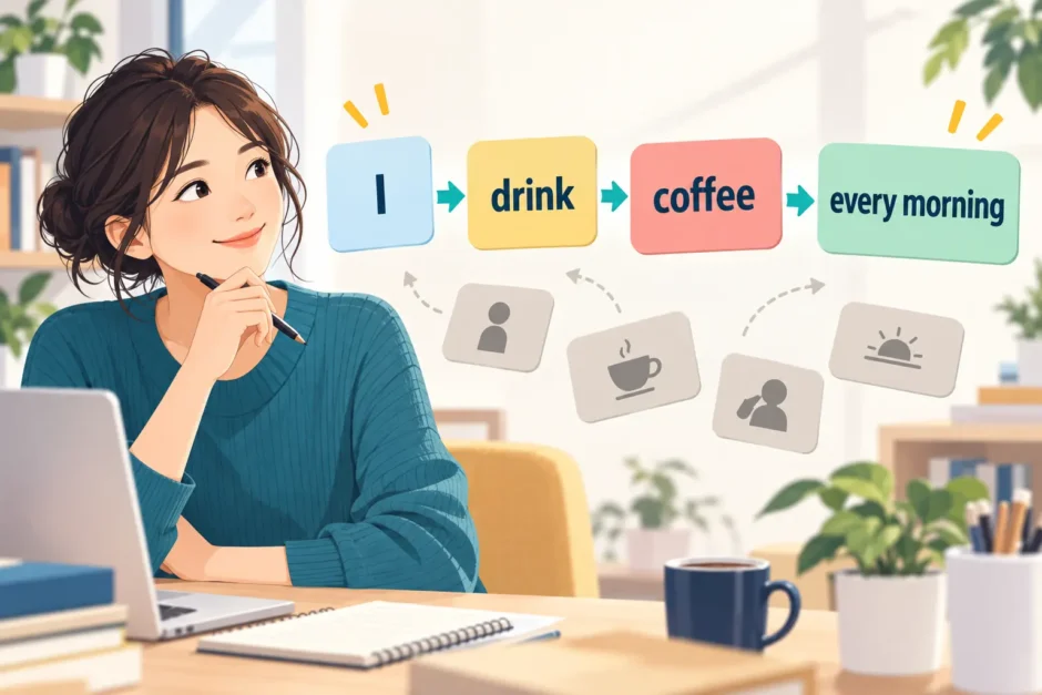 英語の語順をI・drink・coffee・every morningの順に並べる学習者