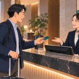 ホテルのフロントでチェックインする旅行者のイラスト