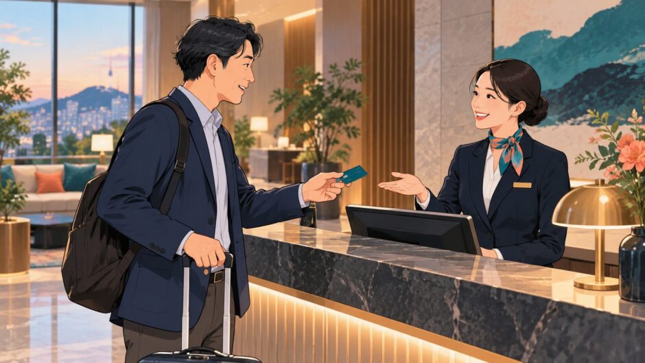 ホテルのフロントでチェックインする旅行者のイラスト