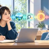 ヘッドホンで英語音声を聞き四つの理解ポイントを診断する学習者