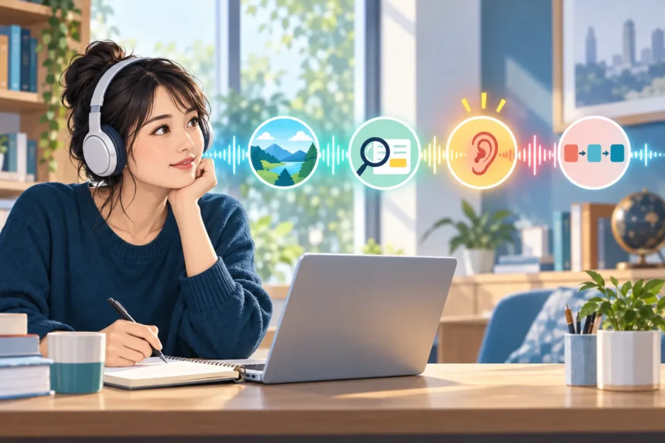 ヘッドホンで英語音声を聞き四つの理解ポイントを診断する学習者