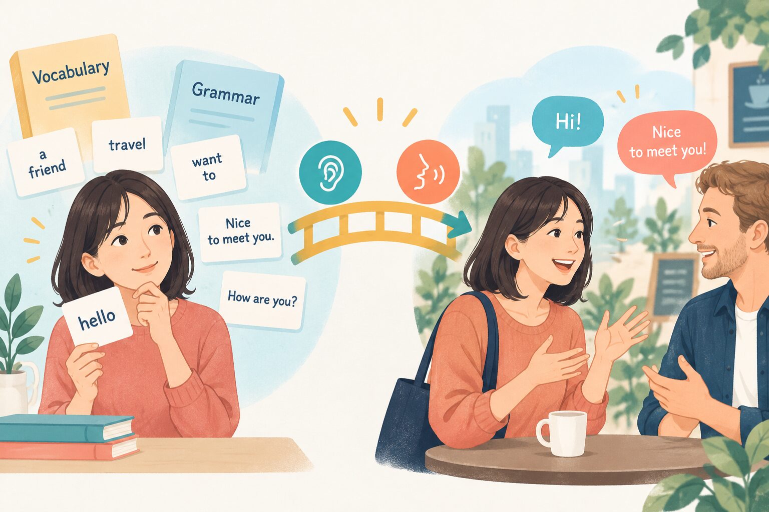 英語の知識と実際の会話を橋でつなぐ学習イラスト