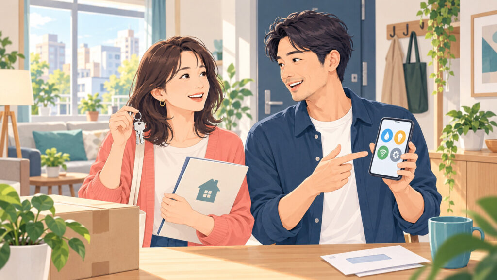 海外生活英語リスニング実践コースで住居・契約・公共サービスの英語を学ぶ男女のイラスト