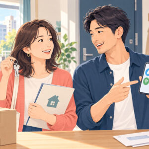海外生活英語リスニング実践コースで住居・契約・公共サービスの英語を学ぶ男女のイラスト