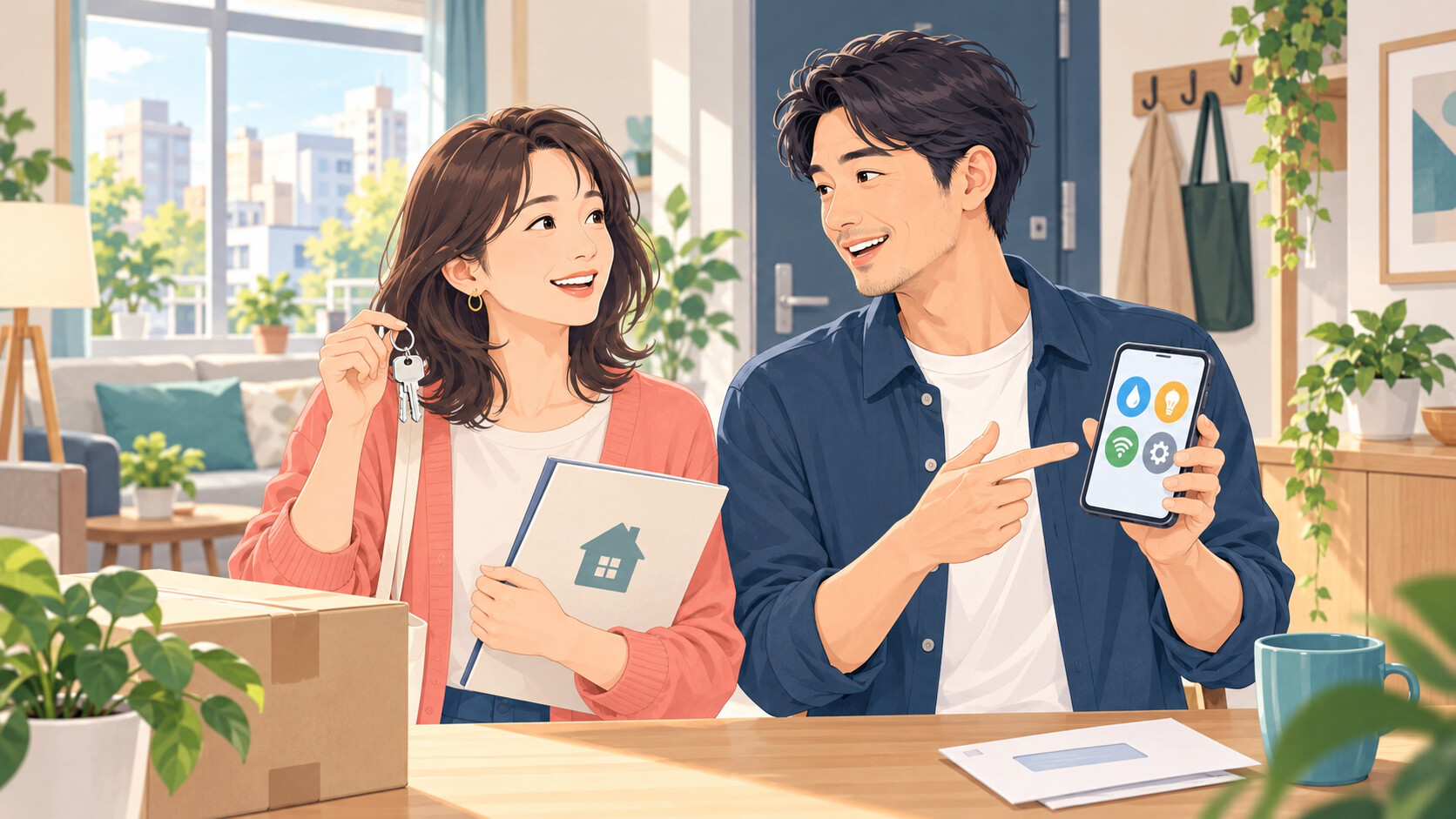 海外生活英語リスニング実践コースで住居・契約・公共サービスの英語を学ぶ男女のイラスト