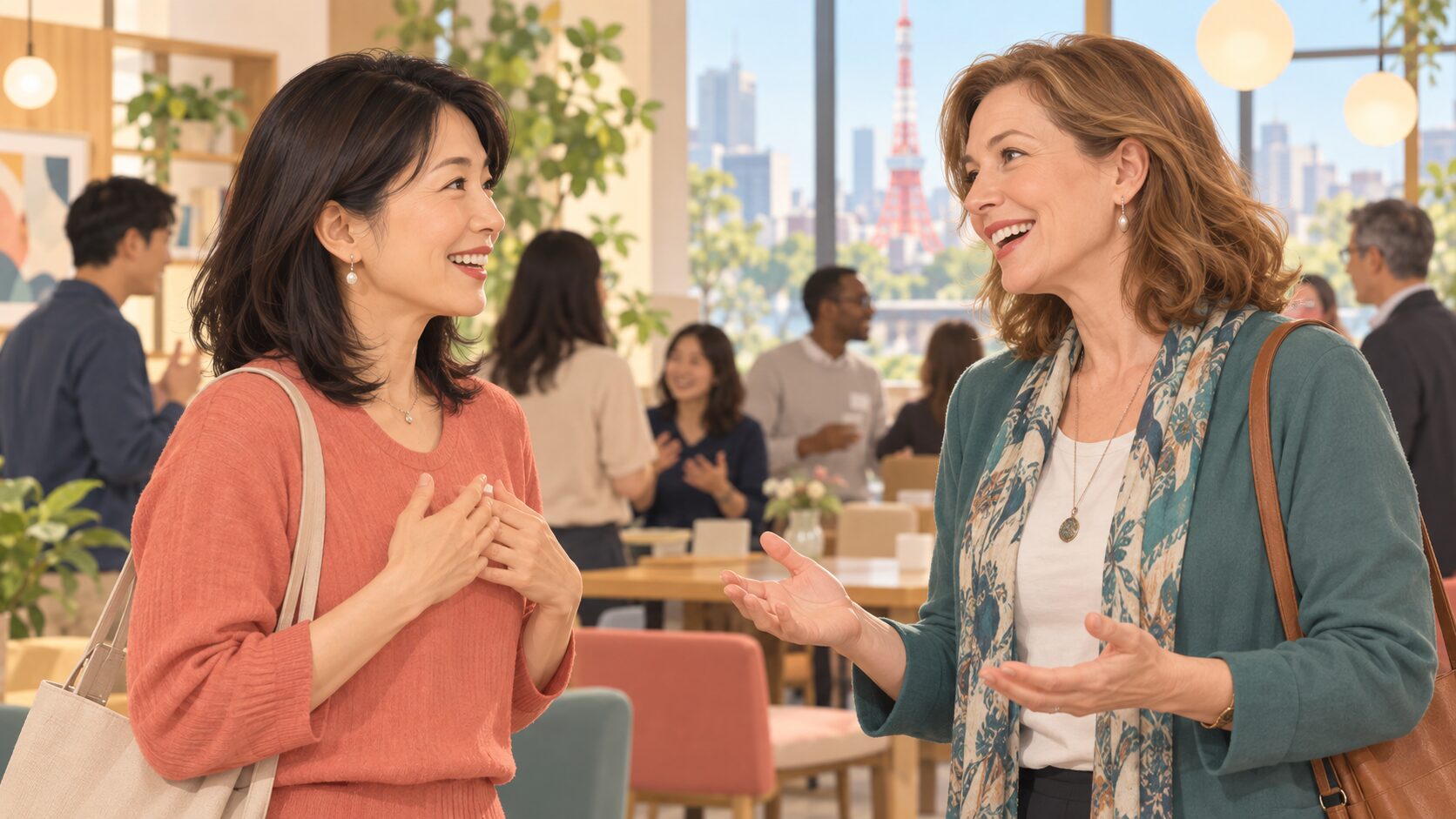 東京の交流イベントで初対面のあいさつをするAyaとEmma
