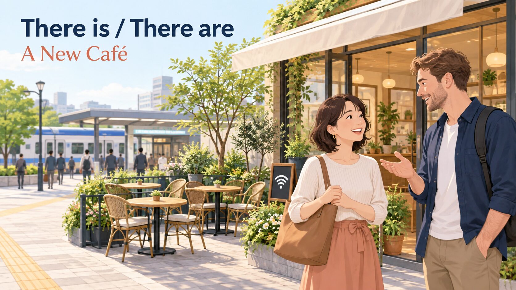 There is / There areを学ぶ新しいカフェの会話イラスト