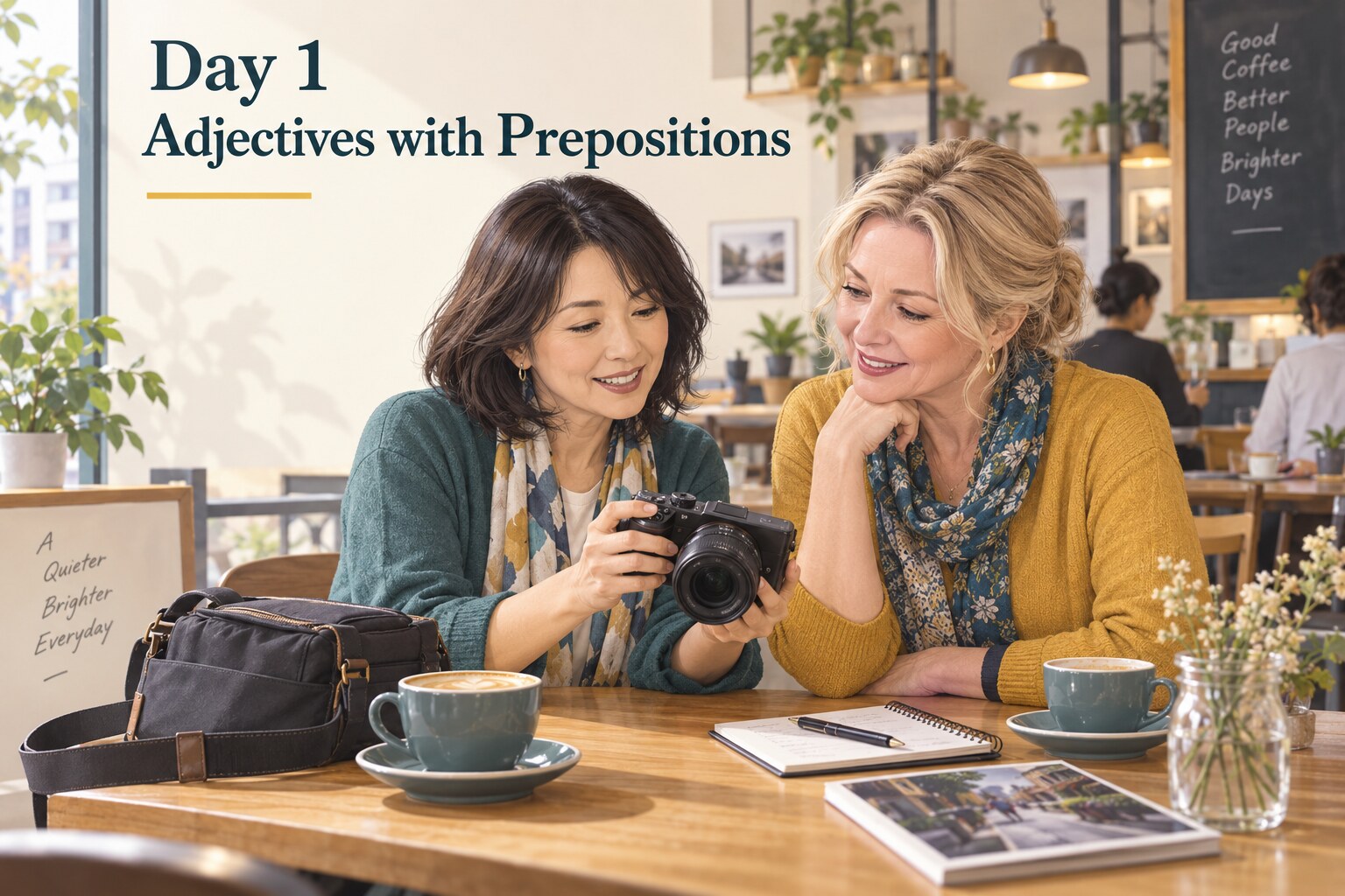 写真講座の帰りに作品について話すEmiとSarah：Day 1 Adjectives with Prepositions