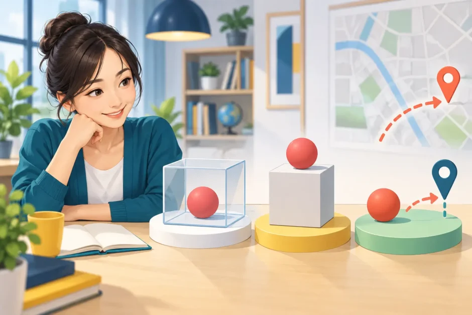 箱の中・上・地点への移動で前置詞の空間感覚を学ぶ英語学習者