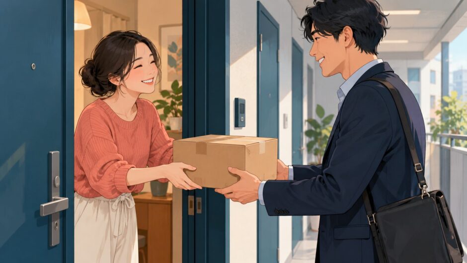 近所の人から預かり荷物を受け取るイラスト