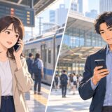 電車の遅延で待ち合わせ時間を変更する二人の英会話イラスト