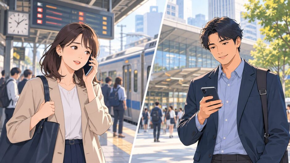 電車の遅延で待ち合わせ時間を変更する二人の英会話イラスト