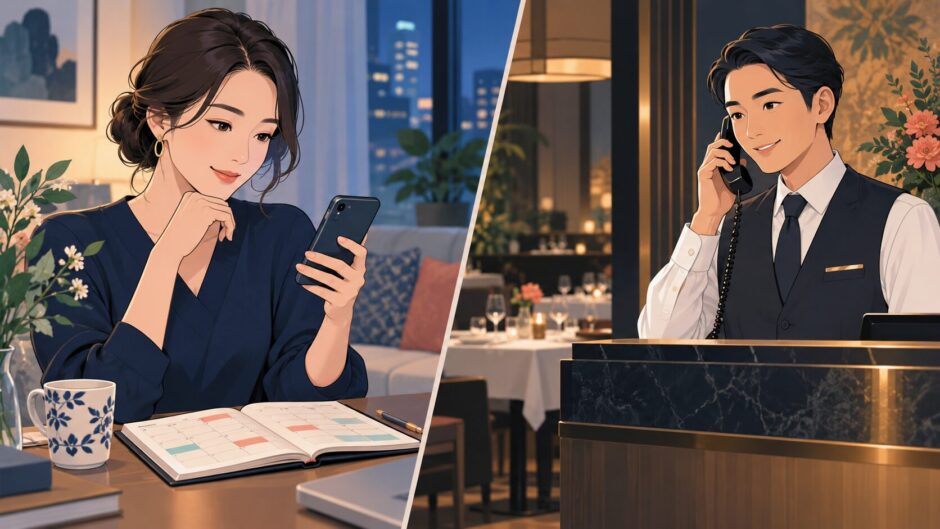 電話でレストランを予約する女性のイラスト