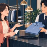 洋服店でシャツの交換をお願いする女性のイラスト