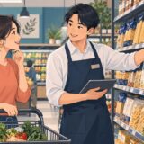 スーパーでオリーブオイルの売り場を尋ねるイラスト