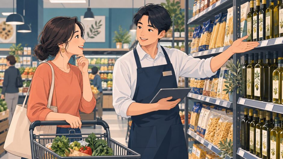 スーパーでオリーブオイルの売り場を尋ねるイラスト
