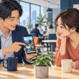 職場で週末の出来事について雑談する二人のイラスト