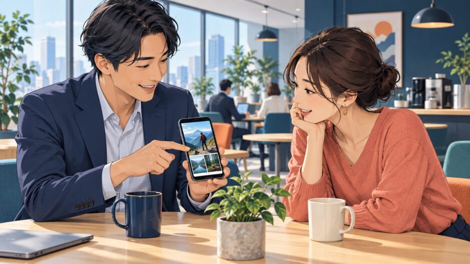 職場で週末の出来事について雑談する二人のイラスト